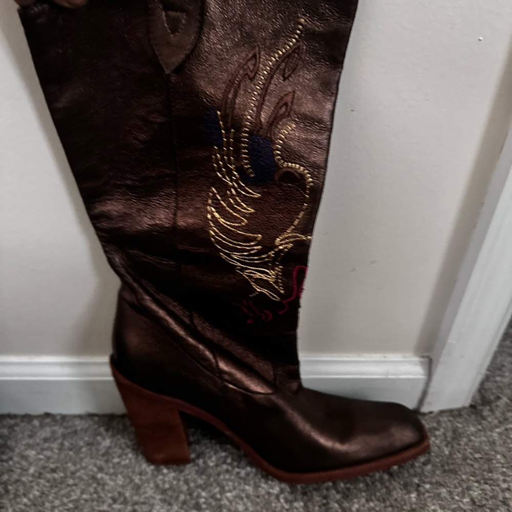 Gianni Bini Dark Brown Embroidered Heeled Boots